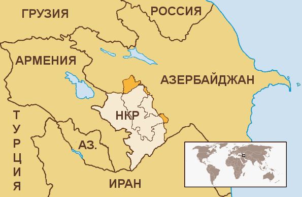 Светлым цветом отмечены территории, которые перешли из-под контроля Азербайджана к Нагорному Карабаху согласно договору о перемирии 1994 года.