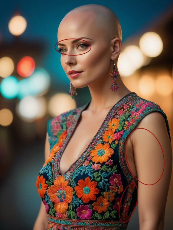 Здесь у героини слишком гладкая, будто силиконовая кожа (особенно это заметно на руках) — это не свойственно обычной ретуши и фильтрам. Ее глаза смотрят в разные стороны, а цветочный паттерн на одежде несимметричен и деформируется там, где его хуже видно