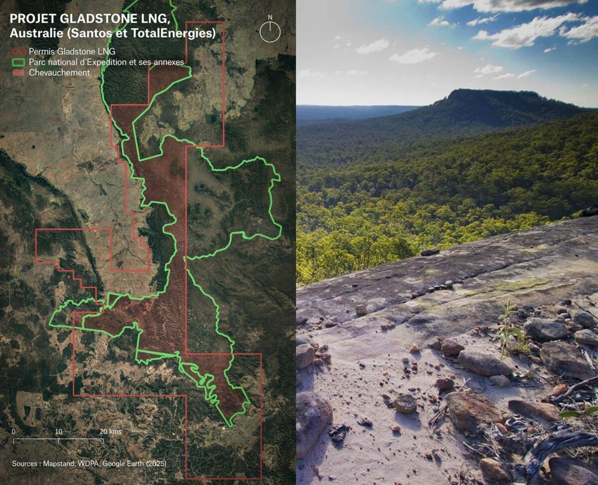 Пейзаж национального парка Expedition в Австралии и карта пересечений его территории с лицензиями газового проекта Gladstone LNG, в котором TotalEnergies является акционером