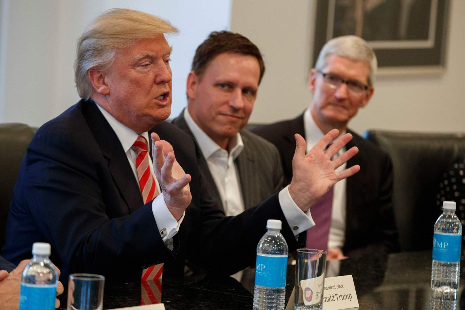 Питер Тиль и Тим Кук (генеральный директор Apple) на встрече Трампа с лидерами IT-компаний, 2016 год