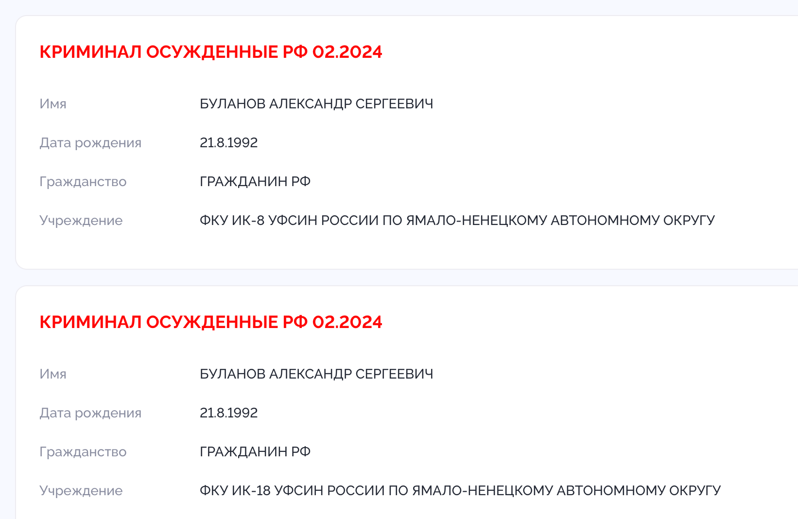 Фрагмент утечки базы ФСИН за февраль 2024 года